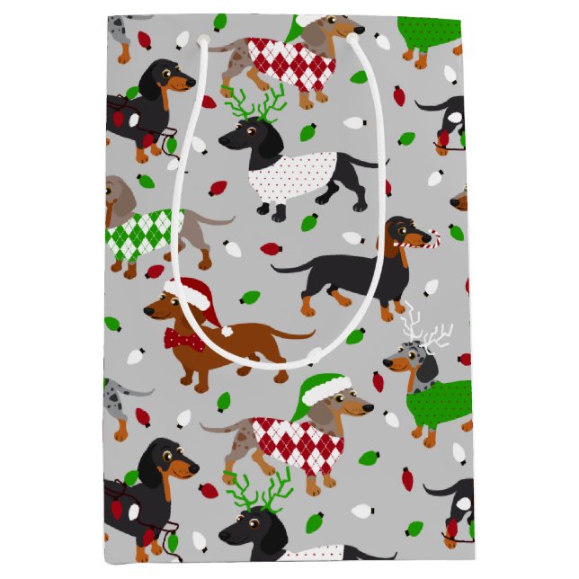 Sac Cadeau Moyen Noël Dachshund Tous les manteaux (Devant)
