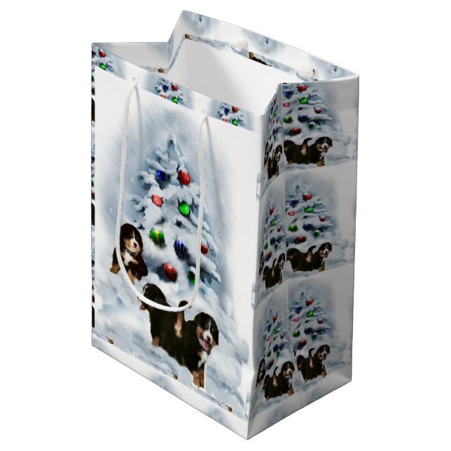 Sac Cadeau Moyen Noël des Chiens de Montagne Bernois (Devant Angle)