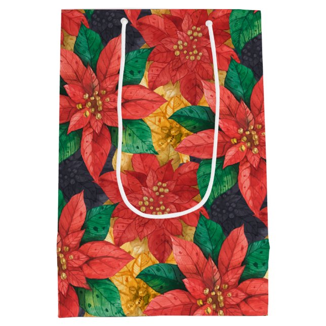 Sac Cadeau Moyen Noël des Poinsettias Rouge et Or (Dos)