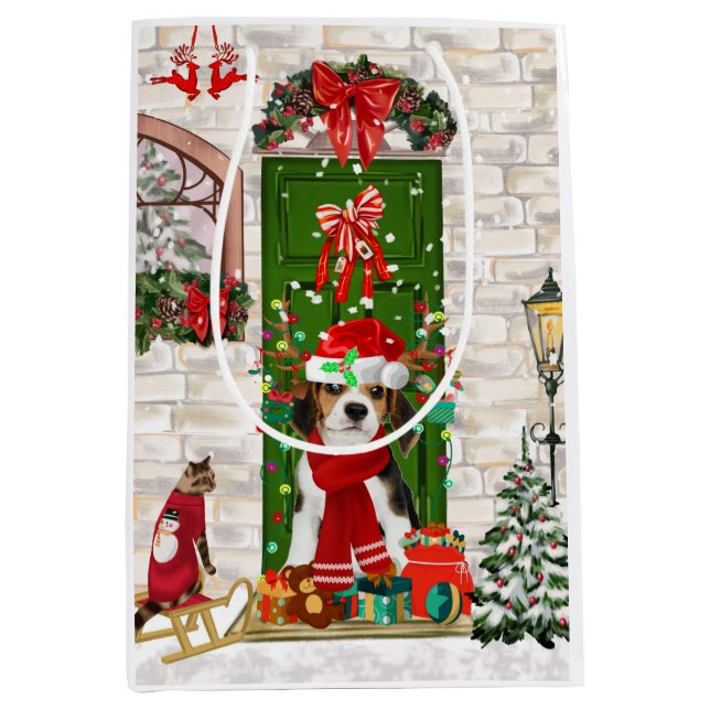 Sac Cadeau Moyen Noël du chien beagle (Devant)