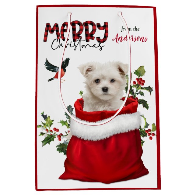 Sac Cadeau Moyen Noël du chien chiot maltais mignon (Devant)