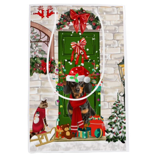Sac Cadeau Moyen Noël du chien Dachshund (Devant)