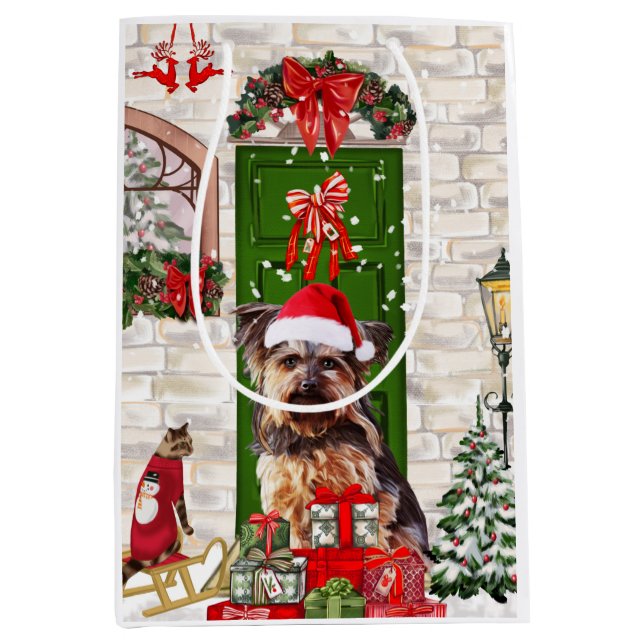 Sac Cadeau Moyen Noël du chien Yorkie (Devant)