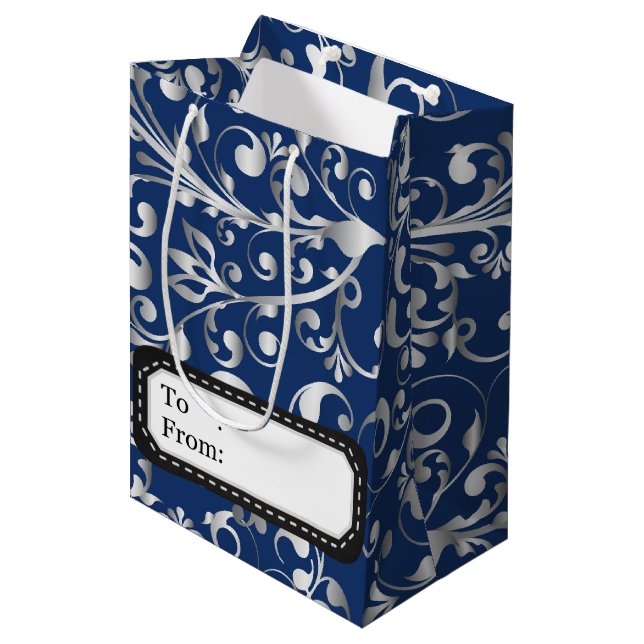 Sac Cadeau Moyen Noël en bleu & argent (Devant Angle)