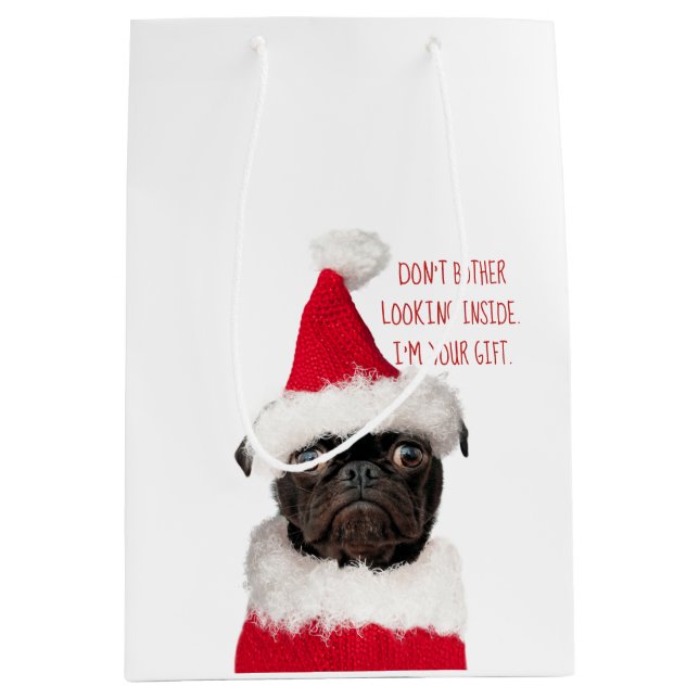 Sac Cadeau Moyen Noël Festif mignon Carlin noir Chiot Père Noël (Devant)