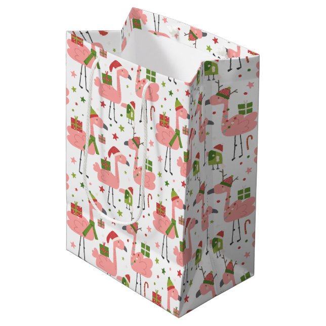 Sac Cadeau Moyen Noël Fun Flamant rose rose (Devant Angle)