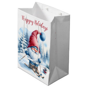 Sac Cadeau Moyen Noël Gnome Ski avec un lapin