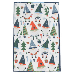 Sac Cadeau Moyen Noël Gnomes Arbres Bleu Vert Rouge