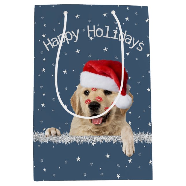 Sac Cadeau Moyen Noel Golden Retriever avec baisers en bâton à lèvr (Devant)