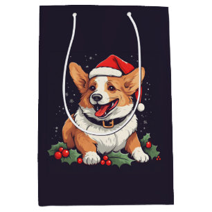 Sac Cadeau Moyen Noël Joyeux Corgi à Santa chapeau avec saint
