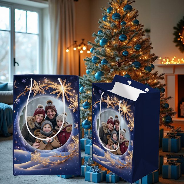 Sac Cadeau Moyen Noël magique - flocons de neige dorés, photo (Créateur téléchargé)