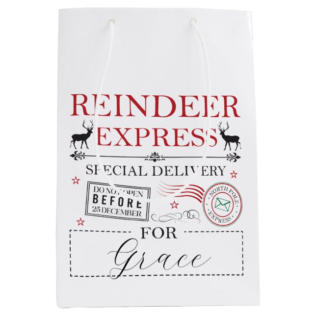Sac Cadeau Moyen Noël Nom Personnalisé Pôle Nord Renne (Devant)