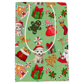Sac Cadeau Moyen Noël Père Noël Gingerbread Motif Vert