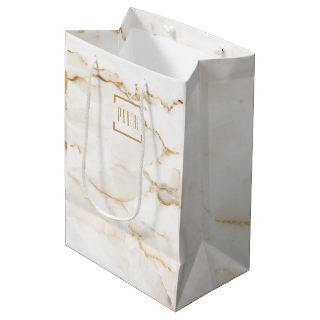 Sac Cadeau Moyen Noel personnalisé en marbre doré (Devant Angle)