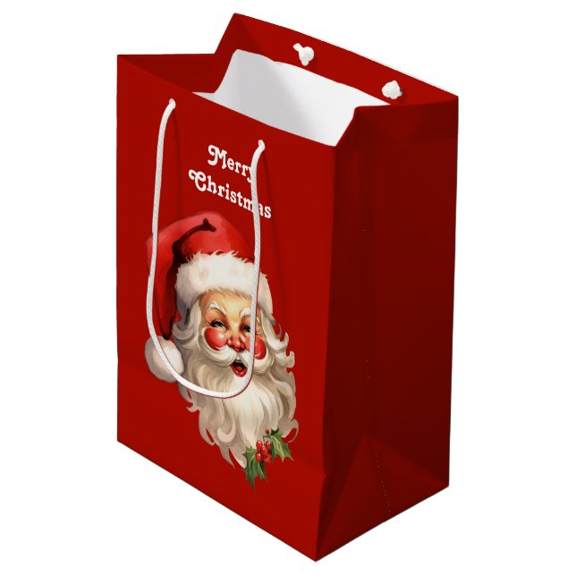 Sac Cadeau Moyen Noël rétro Holly Jolly Santa Claus (Devant Angle)