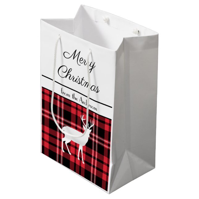 Sac Cadeau Moyen Noël Rustique Rouge Plaid (Devant Angle)