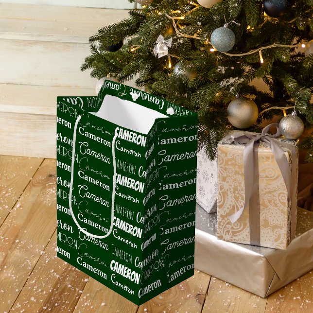 Sac Cadeau Moyen Noel Vert foncé Nom personnalisé Collage (Créateur téléchargé)