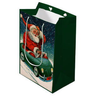 Sac Cadeau Moyen Noël vintage, le Père Noël dans une voiture mignon