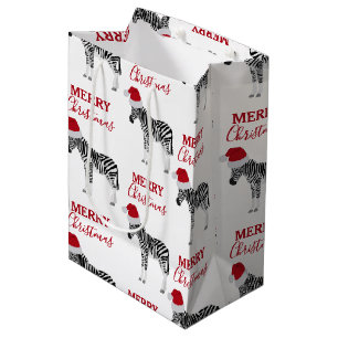 Sac Cadeau Moyen Noël Zebra Funny Animal avec Santa Hat