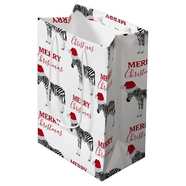 Sac Cadeau Moyen Noël Zebra Funny Animal avec Santa Hat (Devant Angle)