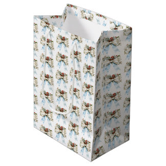 Sac Cadeau Moyen Noeud de Noël élégant ivoire bleu houx