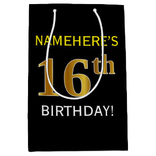 Sac Cadeau Moyen Noir, anniversaire d'or de Faux 16ème + Nom fait