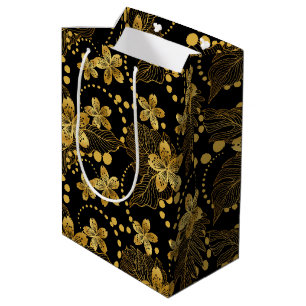Sac Cadeau Moyen Noir et or feuilles tropicaux et fleurs motif