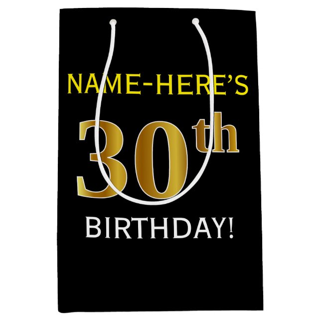 Sac Cadeau Moyen Noir, Faux Gold 30e anniversaire + Nom personnalis (Devant)