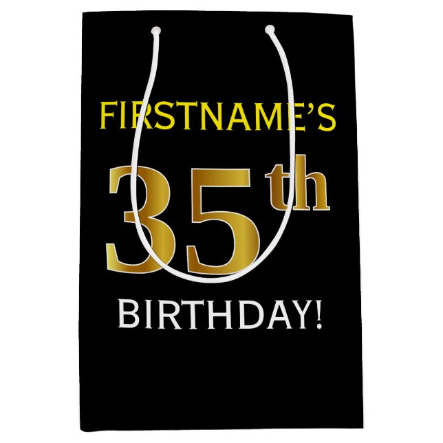 Sac Cadeau Moyen Noir, Faux Gold 35e anniversaire + Nom personnalis (Devant)