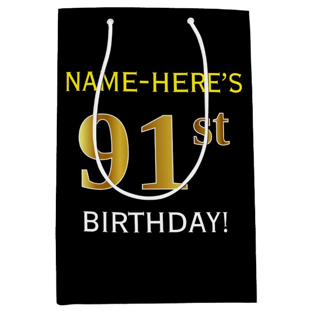 Sac Cadeau Moyen Noir, Faux Gold 91ème Anniversaire + Nom personnal (Devant)
