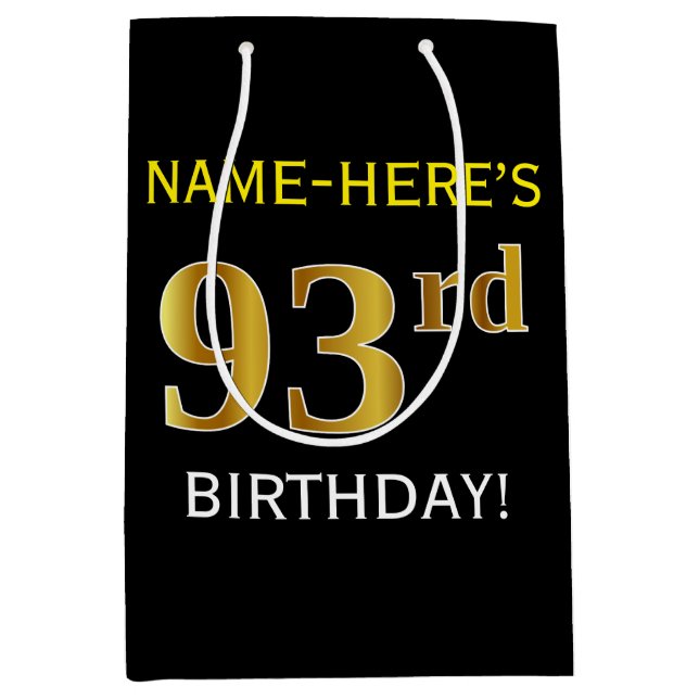 Sac Cadeau Moyen Noir, Faux Gold 93ème anniversaire + Nom personnal (Devant)