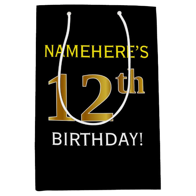 Sac Cadeau Moyen Noir, Faux Or 12e anniversaire + Nom personnalisé (Devant)