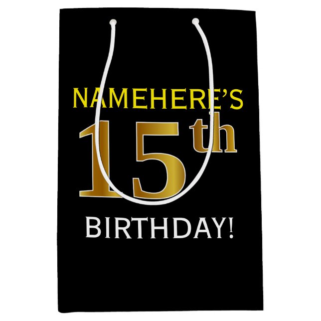 Sac Cadeau Moyen Noir, Faux Or 15e anniversaire + Nom personnalisé (Devant)
