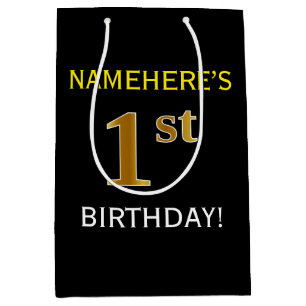 Sac Cadeau Moyen Noir, Faux Or 1er anniversaire + Nom personnalisé