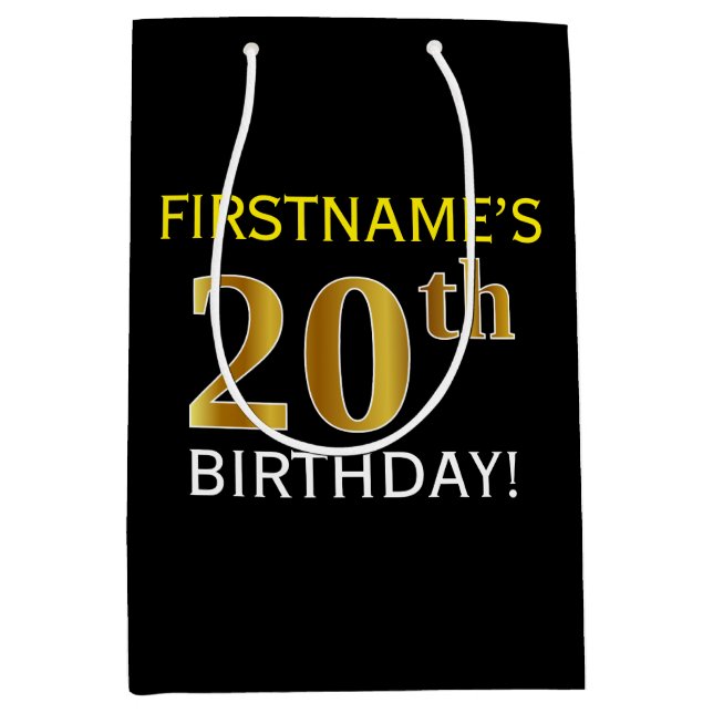 Sac Cadeau Moyen Noir, Faux Or 20e anniversaire + Nom personnalisé (Devant)