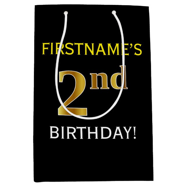 Sac Cadeau Moyen Noir, Faux Or 2ème anniversaire + Nom personnalisé (Devant)