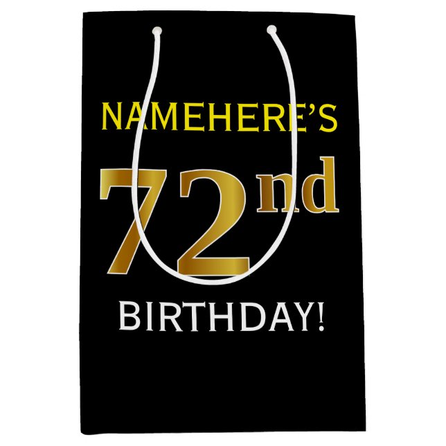 Sac Cadeau Moyen Noir, Faux Or 72e anniversaire + Nom personnalisé (Devant)