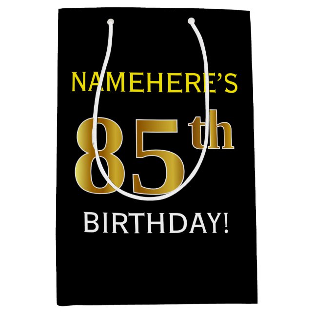Sac Cadeau Moyen Noir, Faux Or 85e anniversaire + Nom personnalisé (Devant)