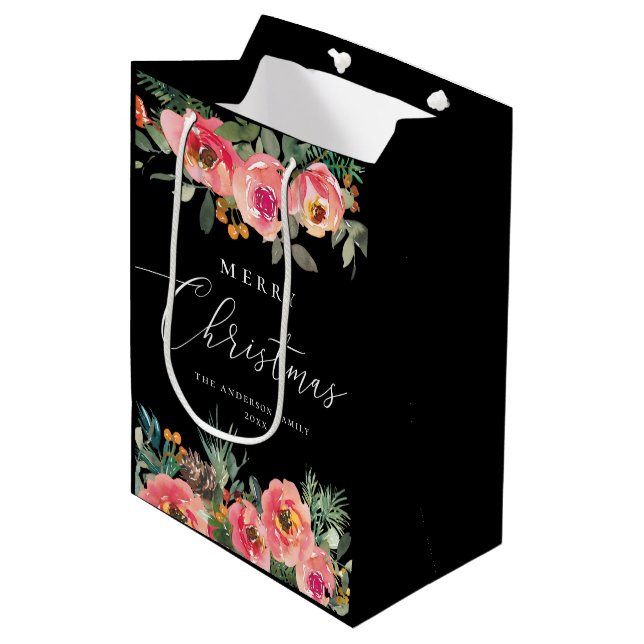Sac Cadeau Moyen Noir Moody Floral Noël | Vacances botaniques (Devant Angle)