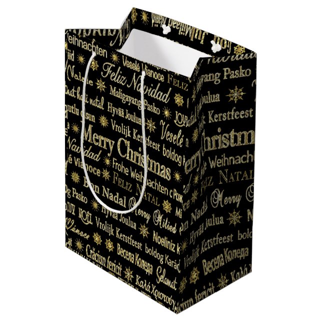 Sac Cadeau Moyen Noir & Or Joyeux Noël En Langue Différente (Dos Angle)