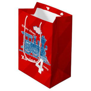 Sac Cadeau Moyen Nom de garçon âge train loco rouge bleu 4ème anniv