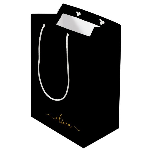 Sac Cadeau Moyen Nom de monogramme chic script moderne or noir (Dos Angle)