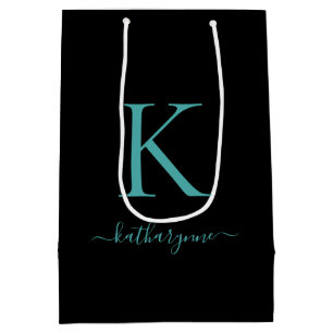 Sac Cadeau Moyen Nom de monogramme noir et Turquoise élégant