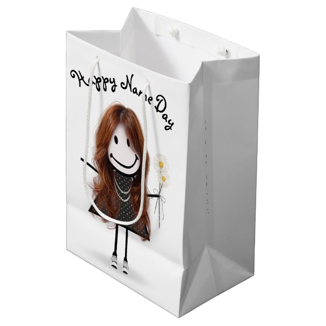 Sac Cadeau Moyen Nom Jour Stick Girl with Daisies (Devant Angle)