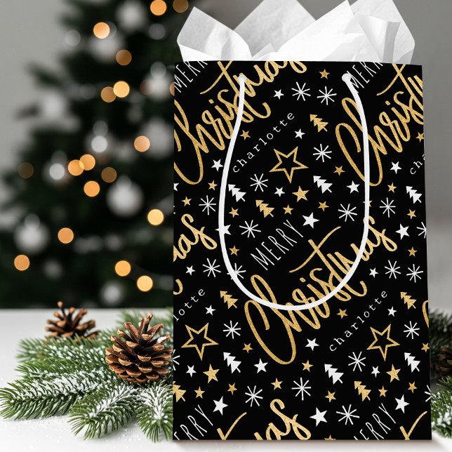 Sac Cadeau Moyen Nom personnalisé Noël Script Black Faux Gold (Créateur téléchargé)