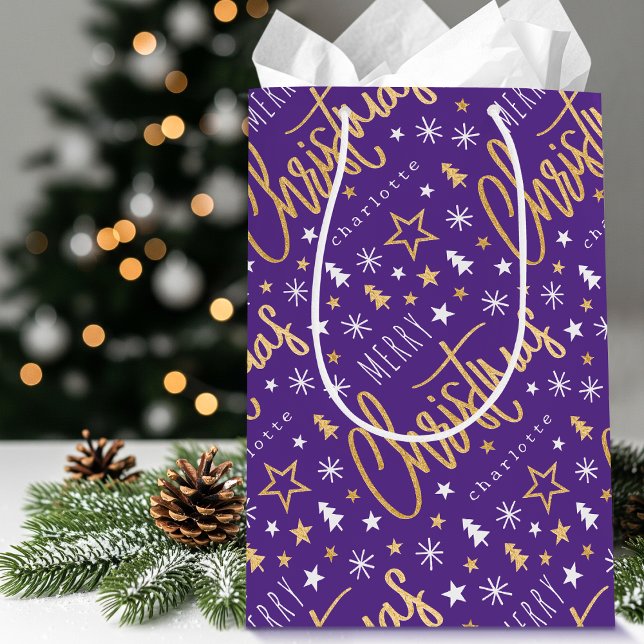 Sac Cadeau Moyen Nom personnalisé Noël violet Faux Or (Créateur téléchargé)