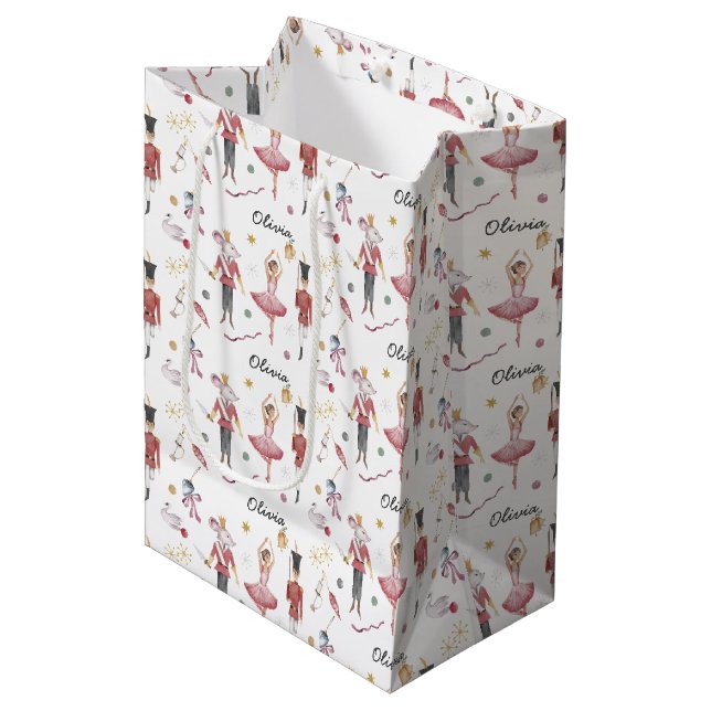 Sac Cadeau Moyen Nom personnalisé Nutcracker Ballet Ballerina Noël (Devant Angle)
