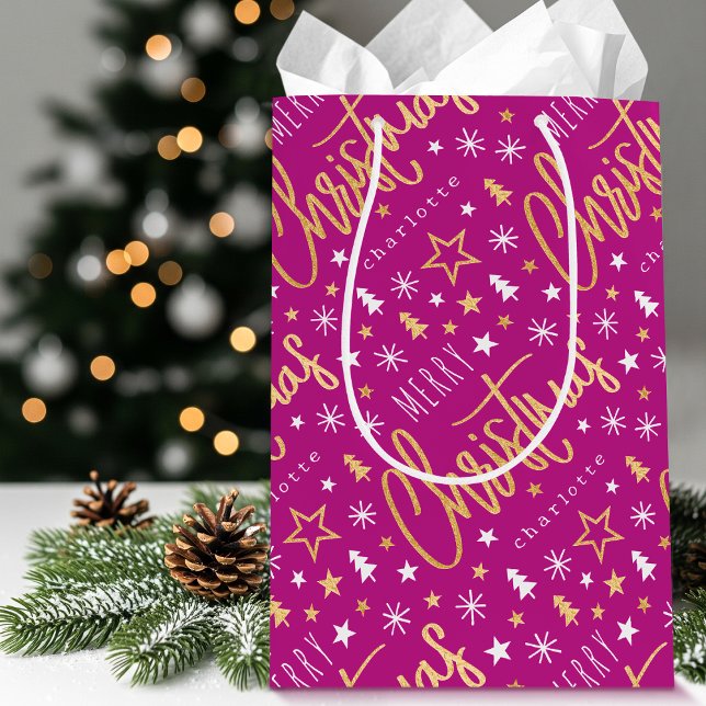 Sac Cadeau Moyen Nom personnalisé Script de Noël rose Faux Or (Créateur téléchargé)
