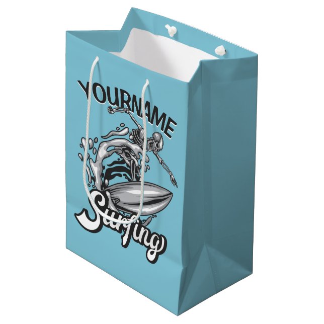 Sac Cadeau Moyen Nom personnalisé surfeur Grande Vague Squelette Su (Devant Angle)