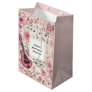 Sac Cadeau Moyen Notes musicales et fleurs Style rétro Anniversaire